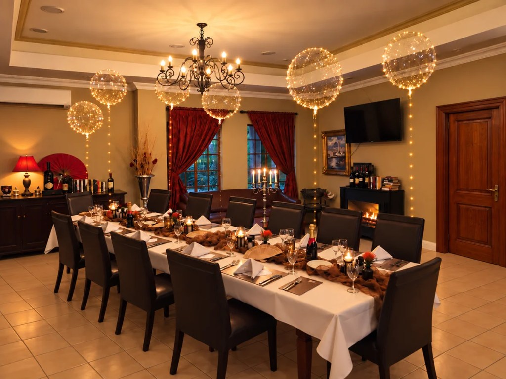 A private dining room with a long table laid for an intimate dinner