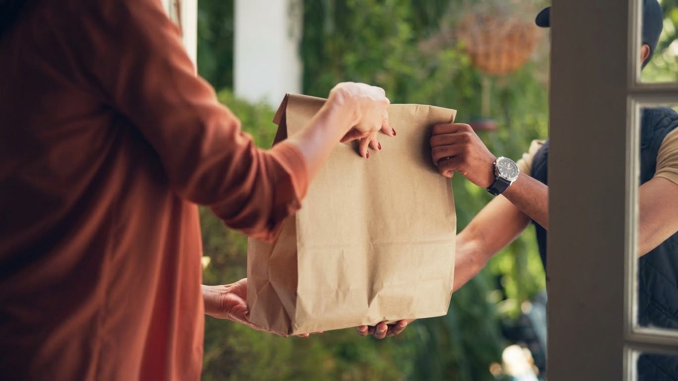 A home-delivered meal in a paper bag being handed over at the front door